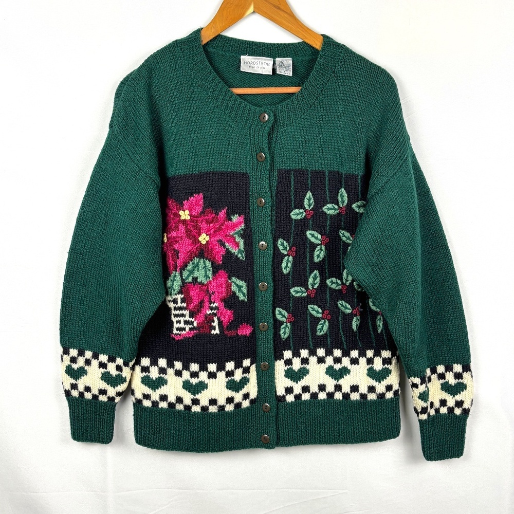 Vtg NORDSTROM Women 100% Wool Embroidery Cardigan Sweater Sz S Holidays Point Of